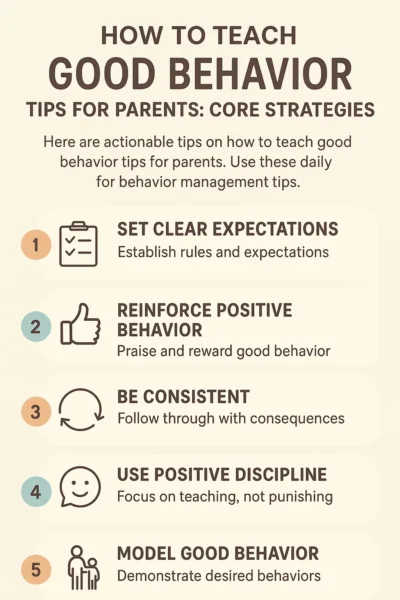 It provides five actionable parenting tips for teaching and managing good behavior in children. The design is clean and soft-toned, with icons and colored circles marking each point.