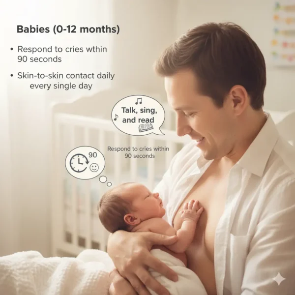 A warm, light-filled image showing a loving father holding his newborn baby (0-12 months) in skin-to-skin contact, smiling down at the infant. The image includes text overlays of key parenting tips: "Respond to cries within 90 seconds," "Skin-to-skin contact daily," and "Talk, sing, and read every single day."