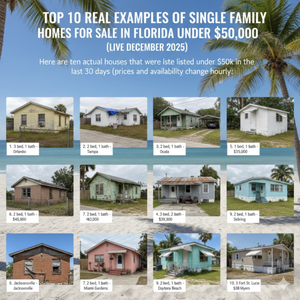 Top 10 Real Examples of Single Family Homes for Sale in Florida Under $50 000 (Live December 2025)