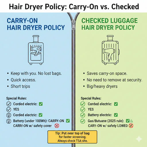 Carry-On Hair Dryer Policy vs. Checked Luggage Hair Dryer