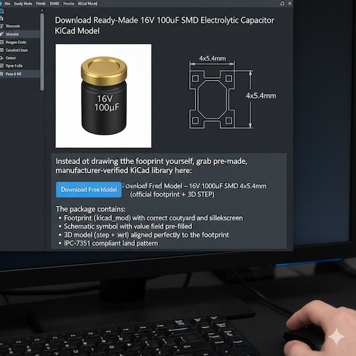 Downloading the Ready-Made 16V 1000uF SMD 4 x 5.4mm Electrolytic Capacitor KiCad Model